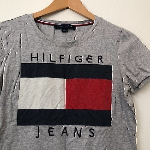 TOMMY HILFIGER Embroidered Logo Flag Tee Gray Spellout Short Sleeve T-Shirt S - Picture 3 of 8